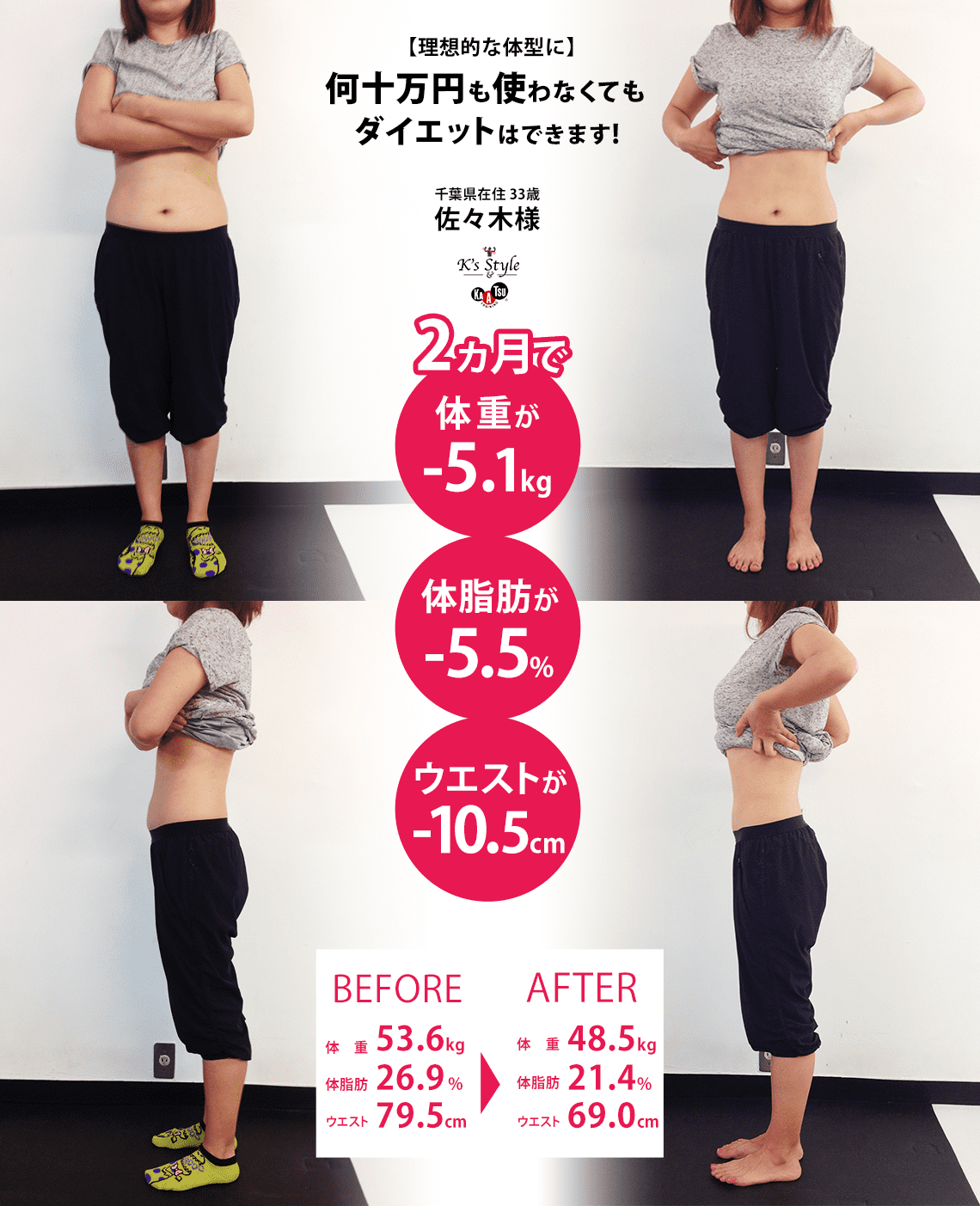 理想的な体型に何十万円も使わなくても集中パーソナルトレーニングでダイエットはできます！体験者の佐々木さんは2か月で体重が5kg痩せました